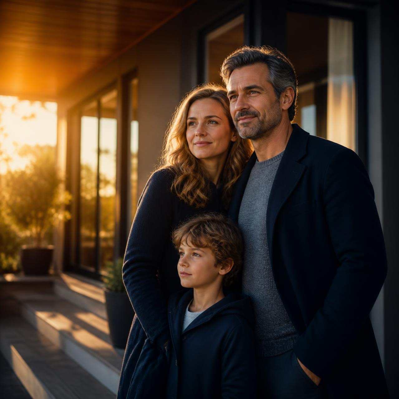 Family standing on the porch of their home at sunset